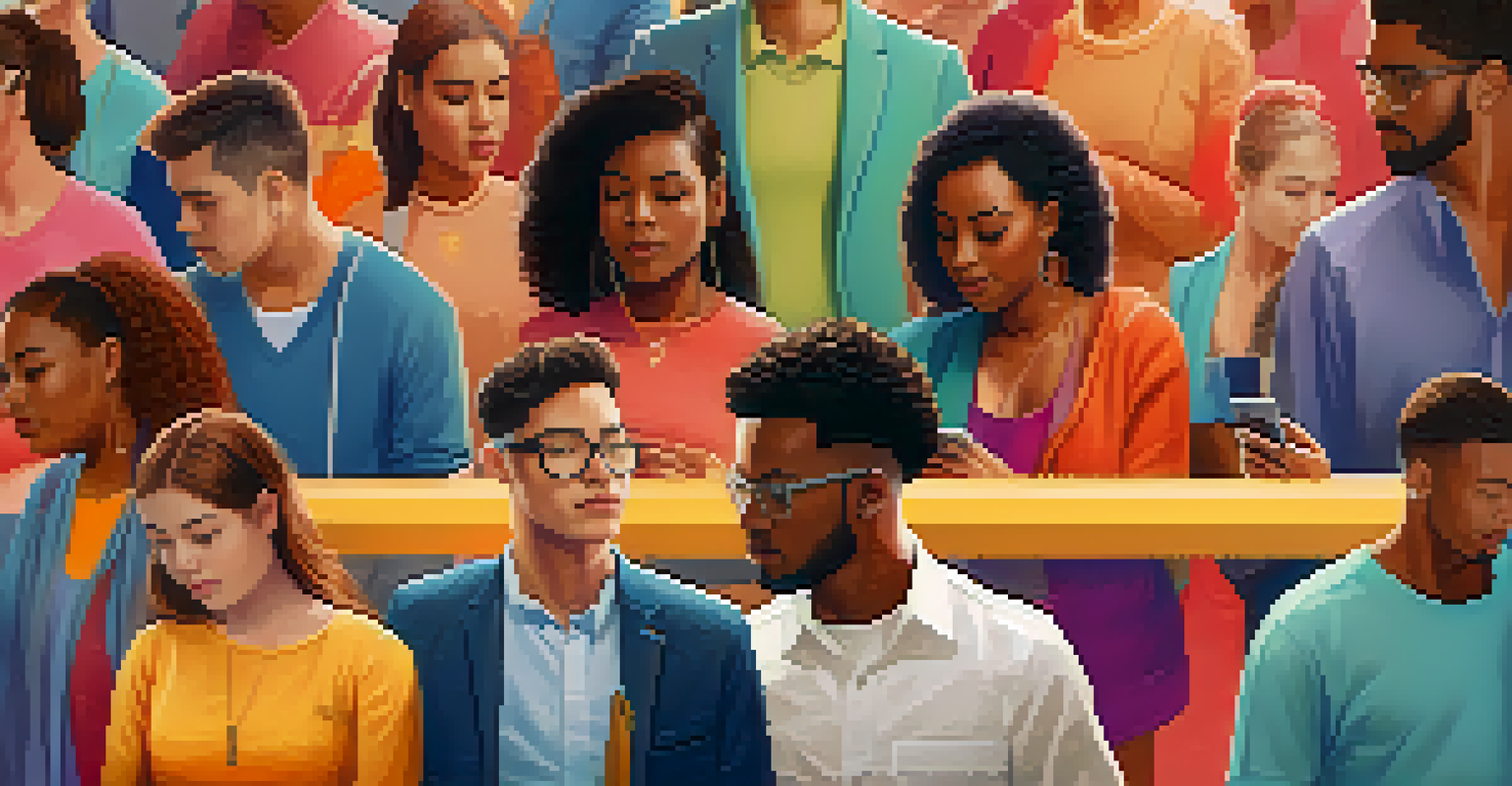 A diverse group of individuals using smartphones for identity verification, with visual security elements like locks and shields, set in a bright and vibrant environment.