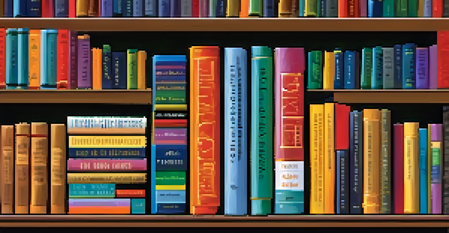 A well-organized bookshelf displaying colorful books, with the most important titles at eye level and others arranged around them.