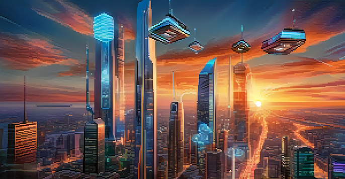 A futuristic city at sunset with skyscrapers featuring antennas and glowing lights, people using smartphones and augmented reality glasses, flying drones in the sky.