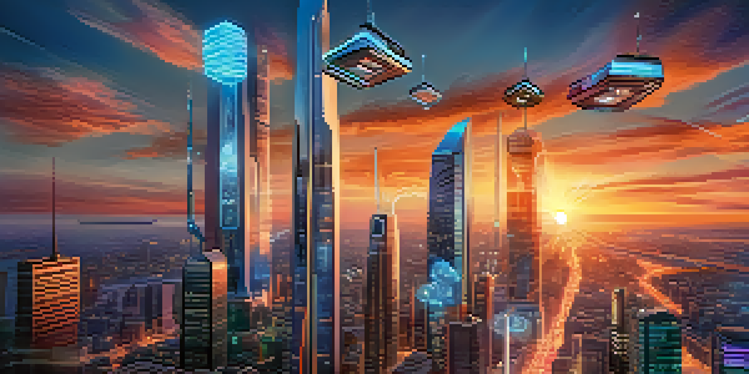 A futuristic city at sunset with skyscrapers featuring antennas and glowing lights, people using smartphones and augmented reality glasses, flying drones in the sky.