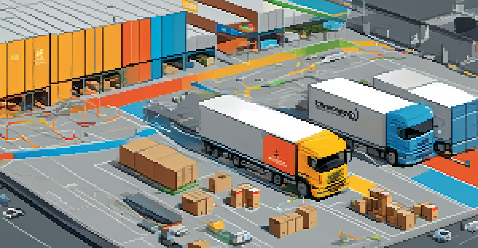 An illustrated logistics map displaying real-time shipment tracking and analytics in a modern warehouse setting.