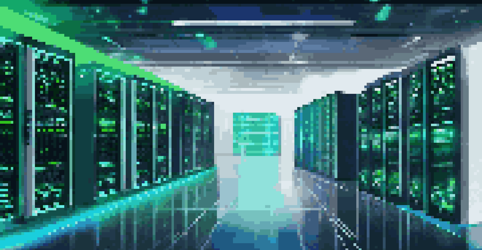 A modern server room filled with racks of servers, featuring blue and green lighting, representing advanced technology in open source virtualization.