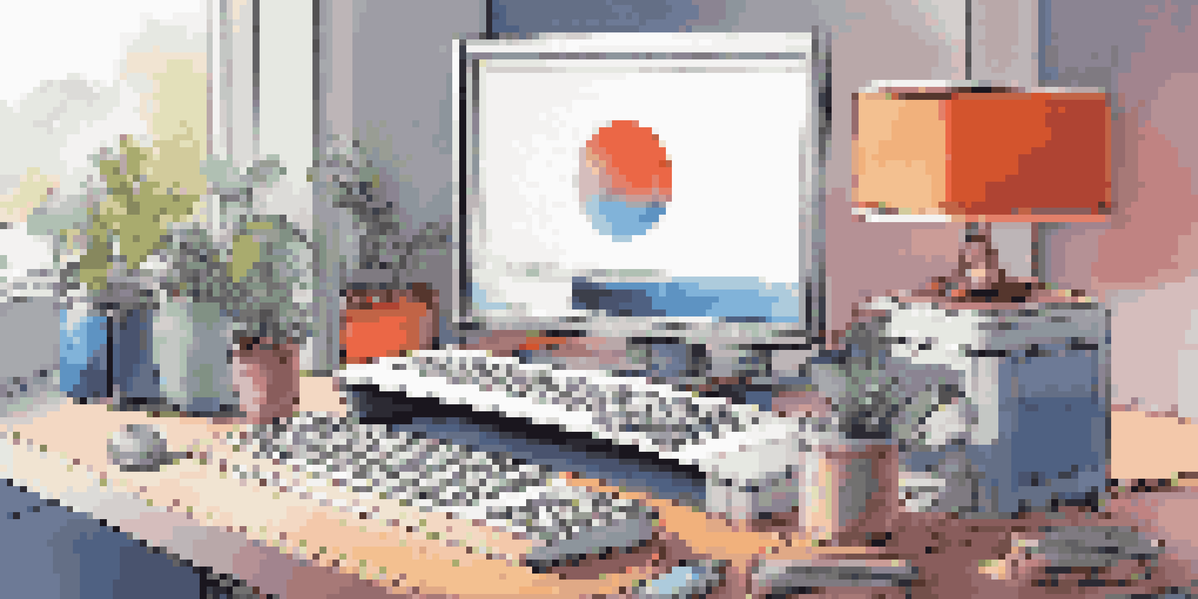 A close-up view of a modern IoT device with colorful containers in a minimalist workspace, illuminated by soft natural light.