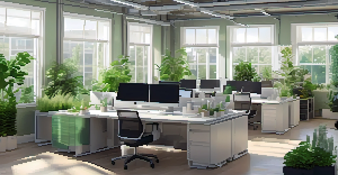 A contemporary office with computer screens showing data privacy dashboards, illuminated by natural light and adorned with plants.