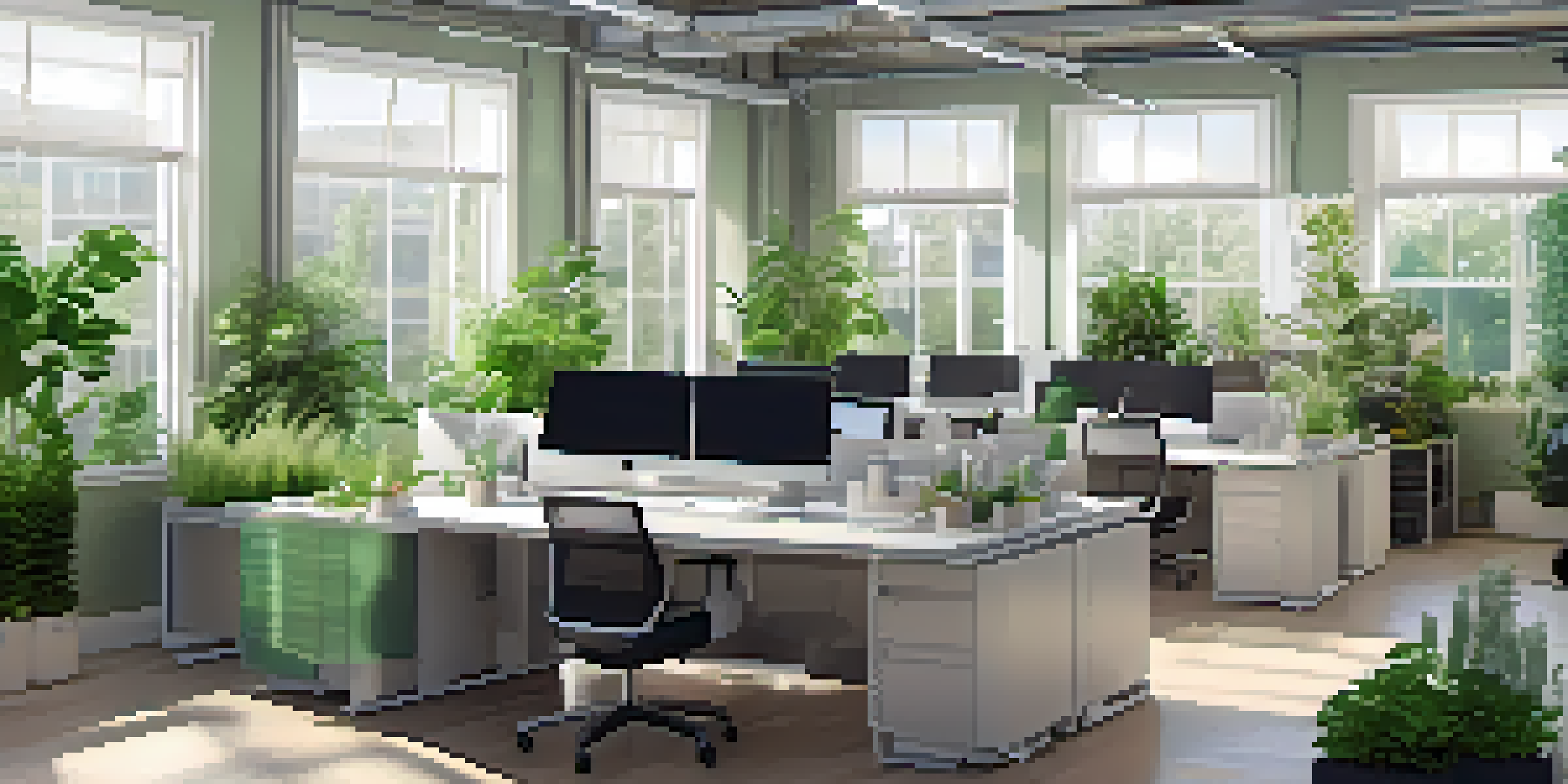 A contemporary office with computer screens showing data privacy dashboards, illuminated by natural light and adorned with plants.