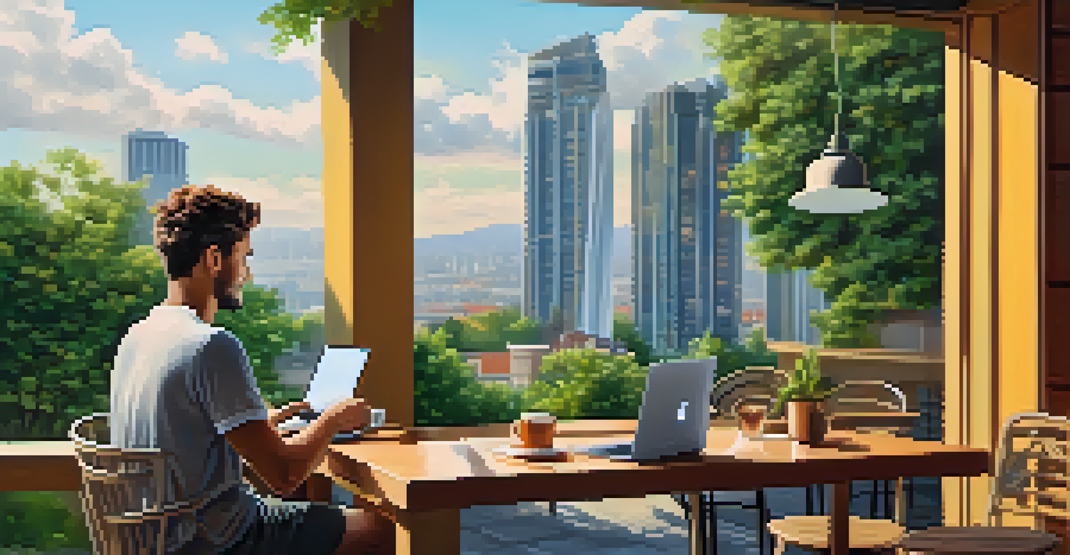 A remote worker at a café terrace with a laptop and coffee, set against a vibrant cityscape with visible 5G towers.