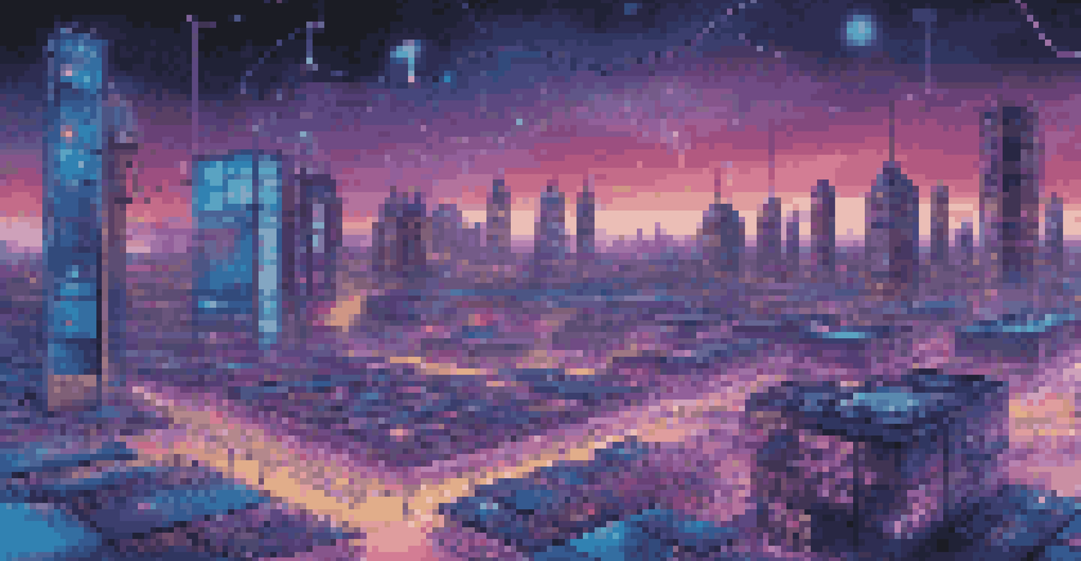 An artistic digital landscape showing edge devices and floating containers against a futuristic city skyline at dusk.