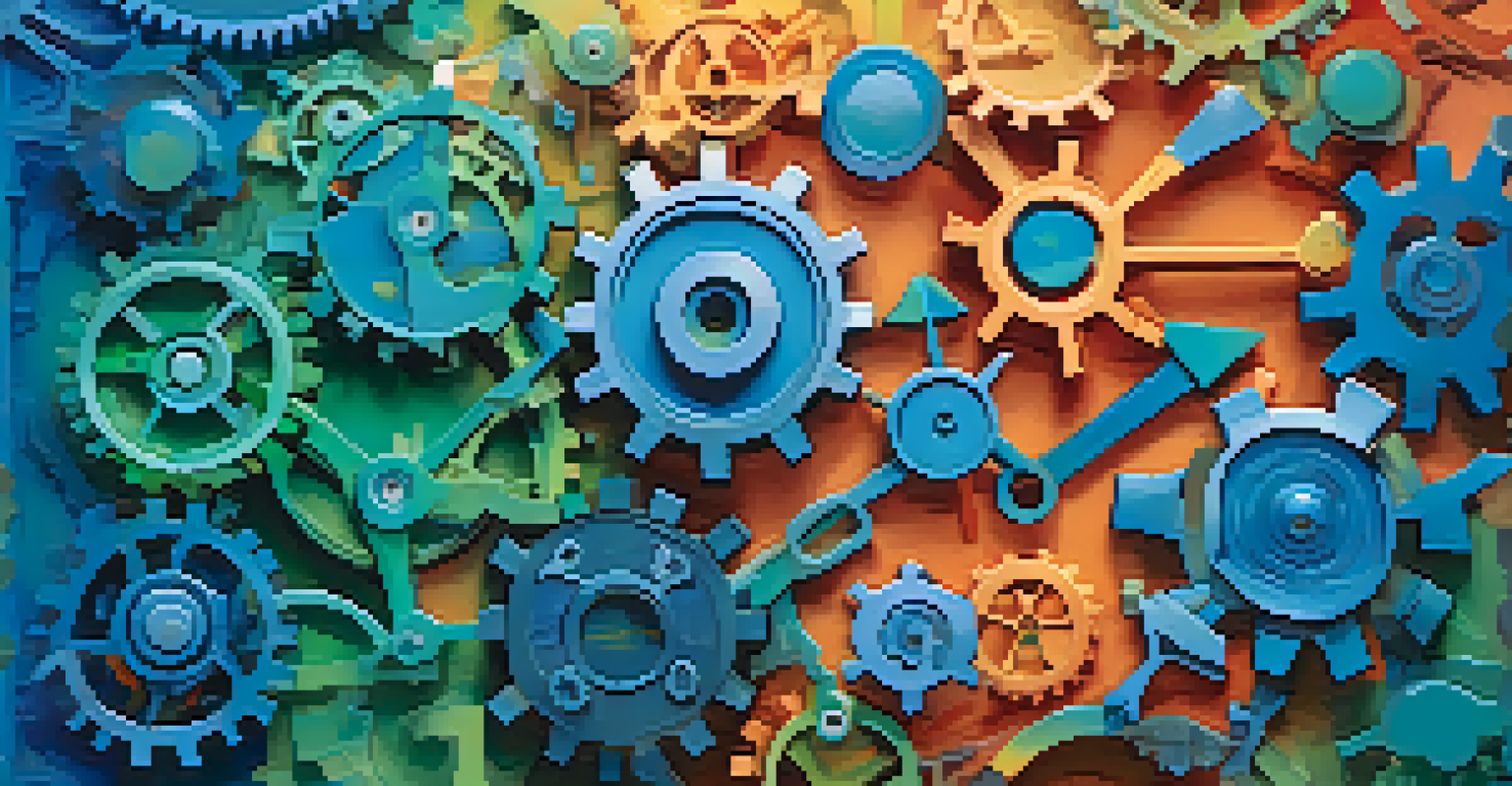 Abstract representation of Agile methodologies with gears and arrows in vibrant colors.
