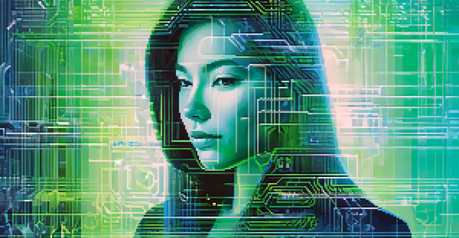 An abstract digital artwork showing a fingerprint and facial recognition graphics combined with a blockchain pattern in cool blue and green colors.