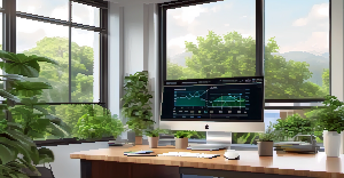 An office with a modern computer displaying a cloud compliance dashboard, surrounded by plants and bright sunlight.