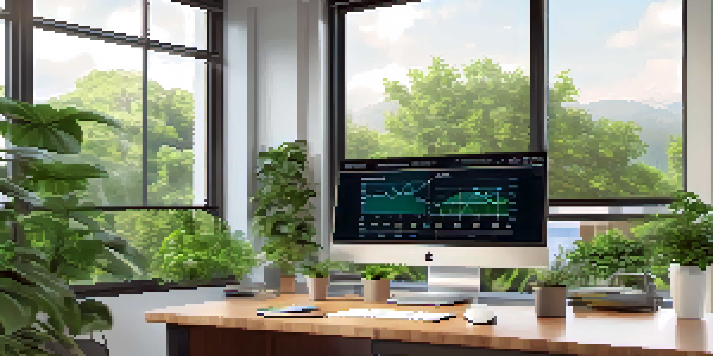 An office with a modern computer displaying a cloud compliance dashboard, surrounded by plants and bright sunlight.