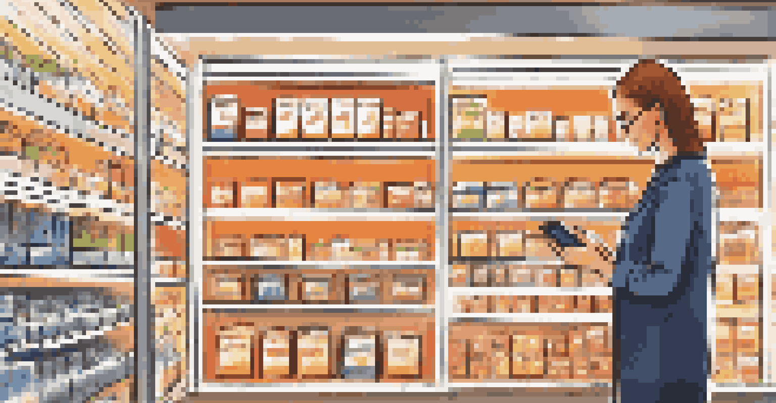 A store manager checking inventory levels on a smartphone in a retail space, with stocked shelves and digital displays.