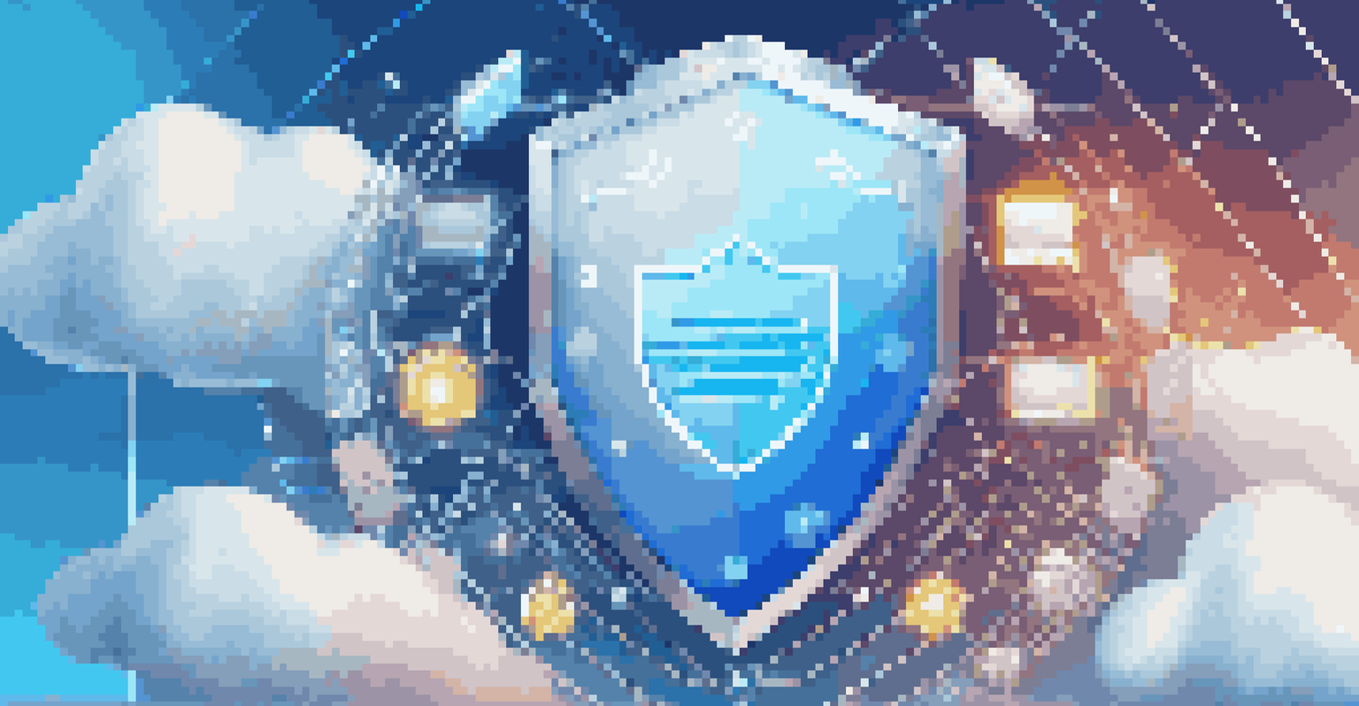A metallic security shield in front of colorful cloud symbols, representing the concept of cybersecurity in the cloud.