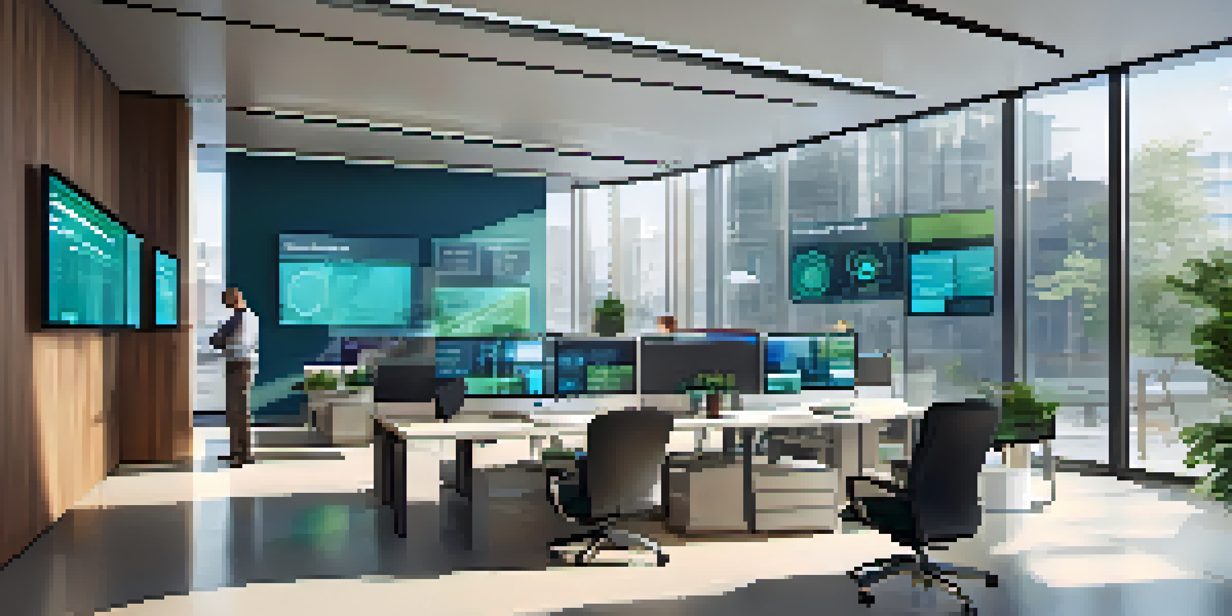 A bright modern office with diverse professionals discussing API security data on a large screen, featuring a sleek and tech-savvy interior.