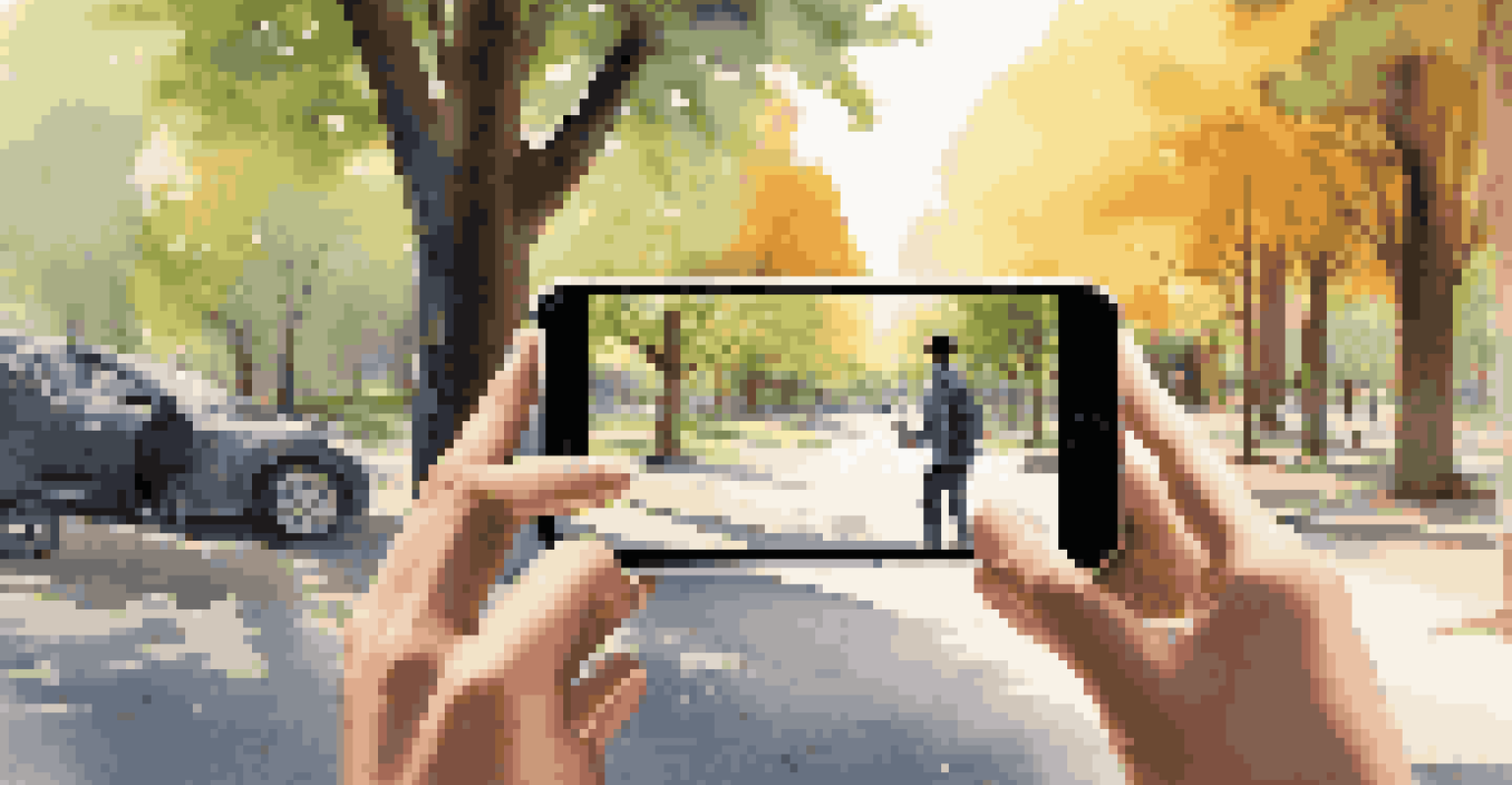 A person in a park using augmented reality on their smartphone, with digital elements visible on the screen and sunlight filtering through the trees.
