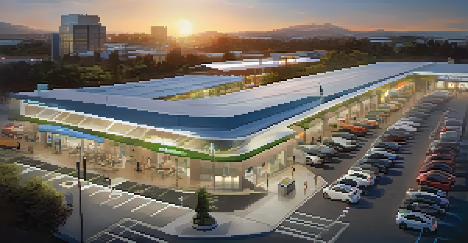 Aerial view of a smart parking facility with electric vehicle charging stations and digital displays.