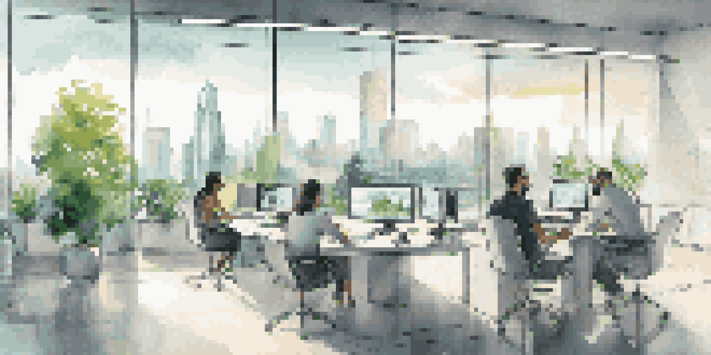 A modern office with a city skyline view and diverse professionals discussing data analytics.