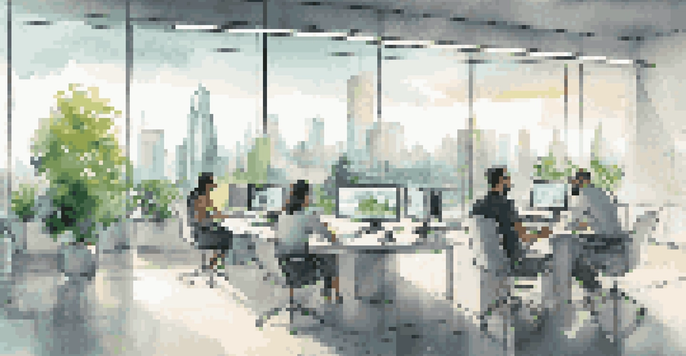 A modern office with a city skyline view and diverse professionals discussing data analytics.