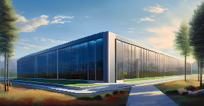 A peaceful landscape showing a digital data center integrated into nature with trees and a bright sky.