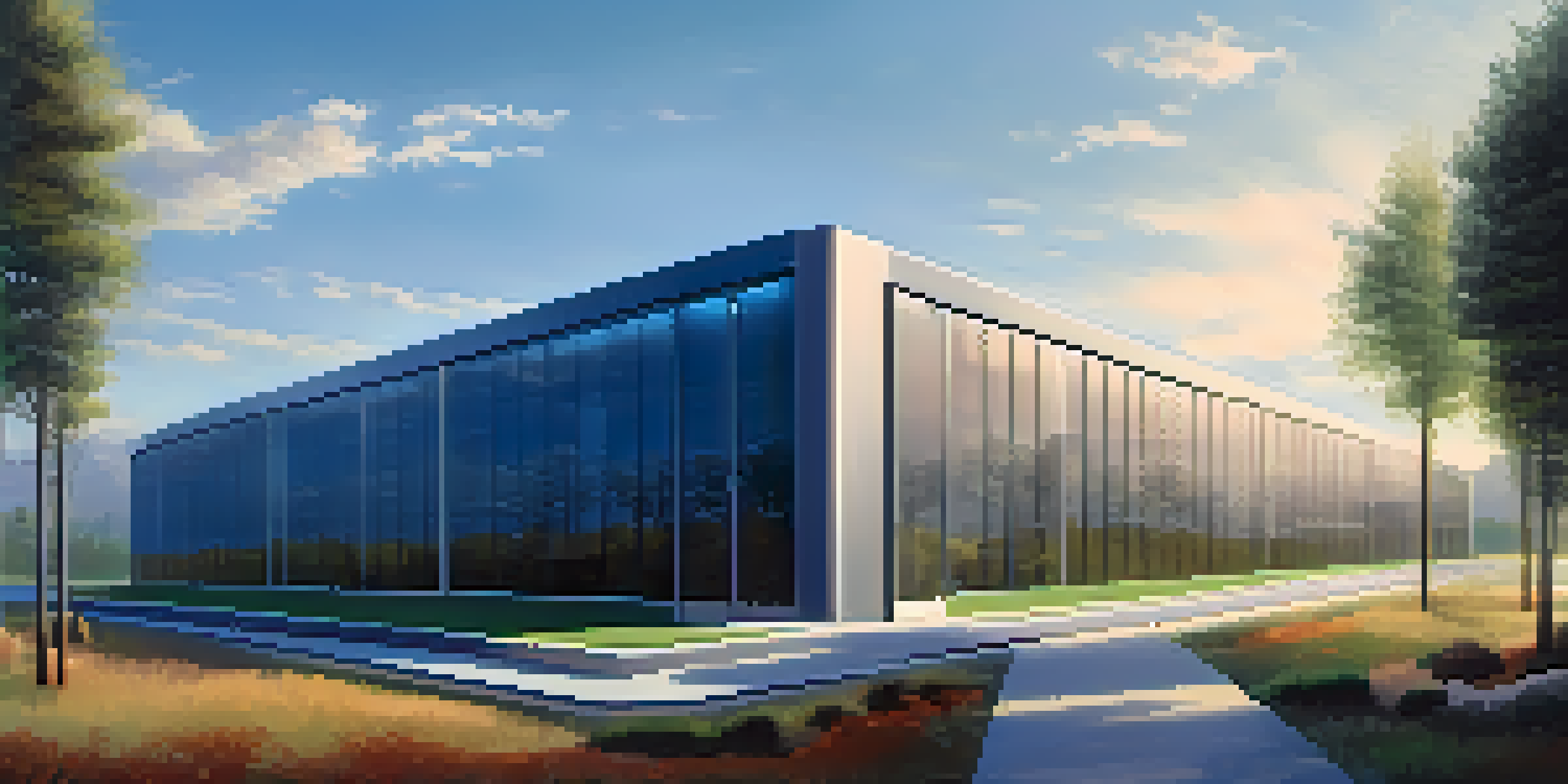 A peaceful landscape showing a digital data center integrated into nature with trees and a bright sky.