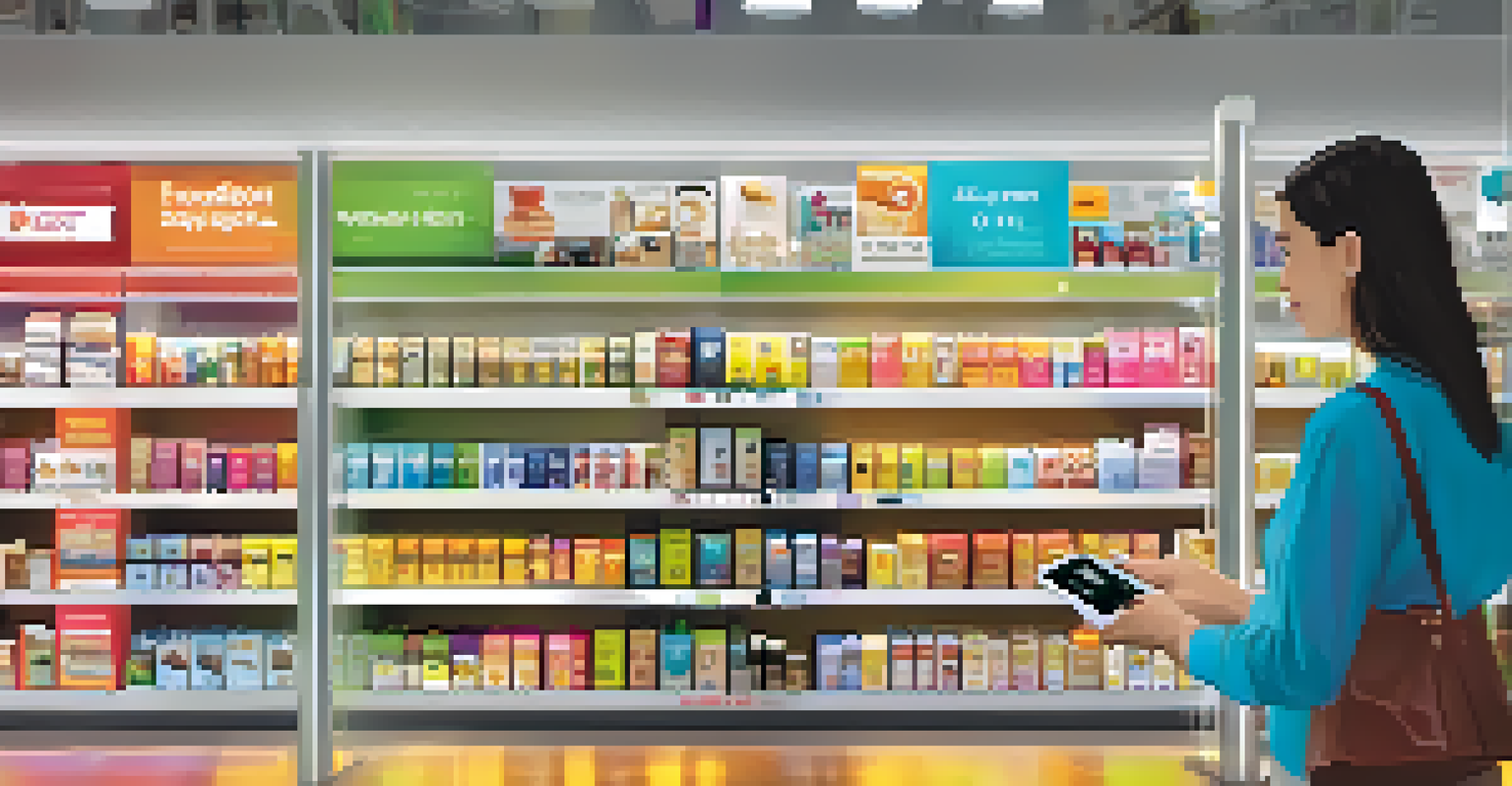 A customer scanning a product in a store with a smartphone, displaying virtual reviews and offers on the screen.