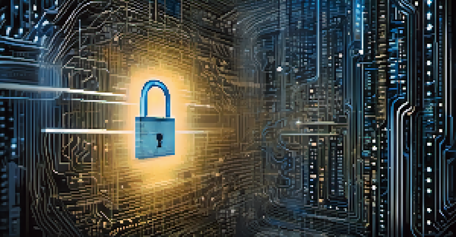 An abstract image of a glowing digital lock with flowing lines of code and binary numbers on a dark background.