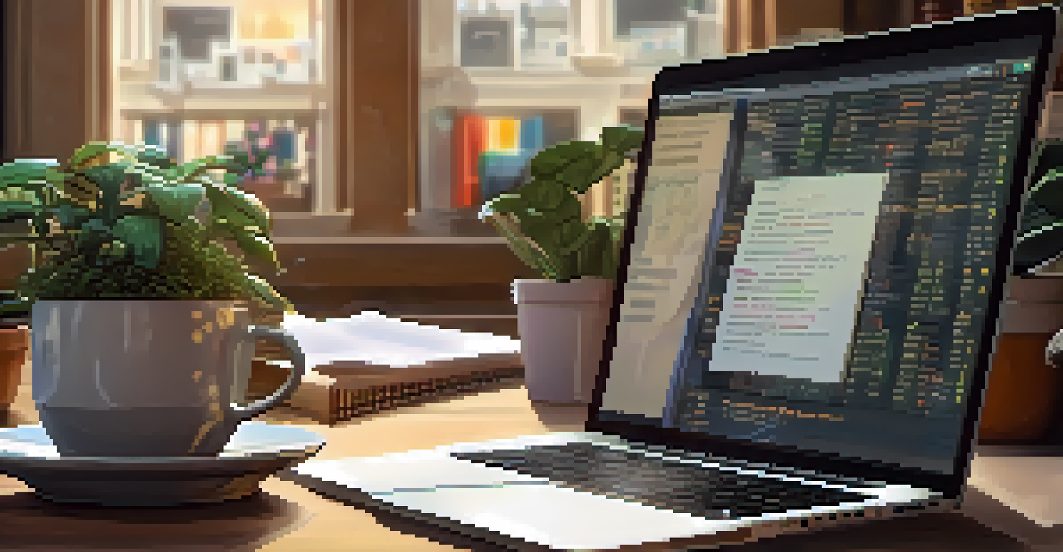 A close-up of a hand typing on a laptop with code on the screen, surrounded by notes and coffee cups in a cozy workspace.