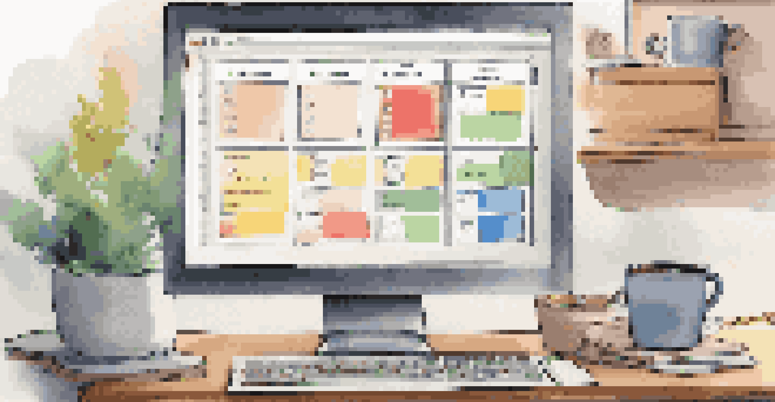A computer screen displaying a colorful Kanban board with task cards in a cozy home office.