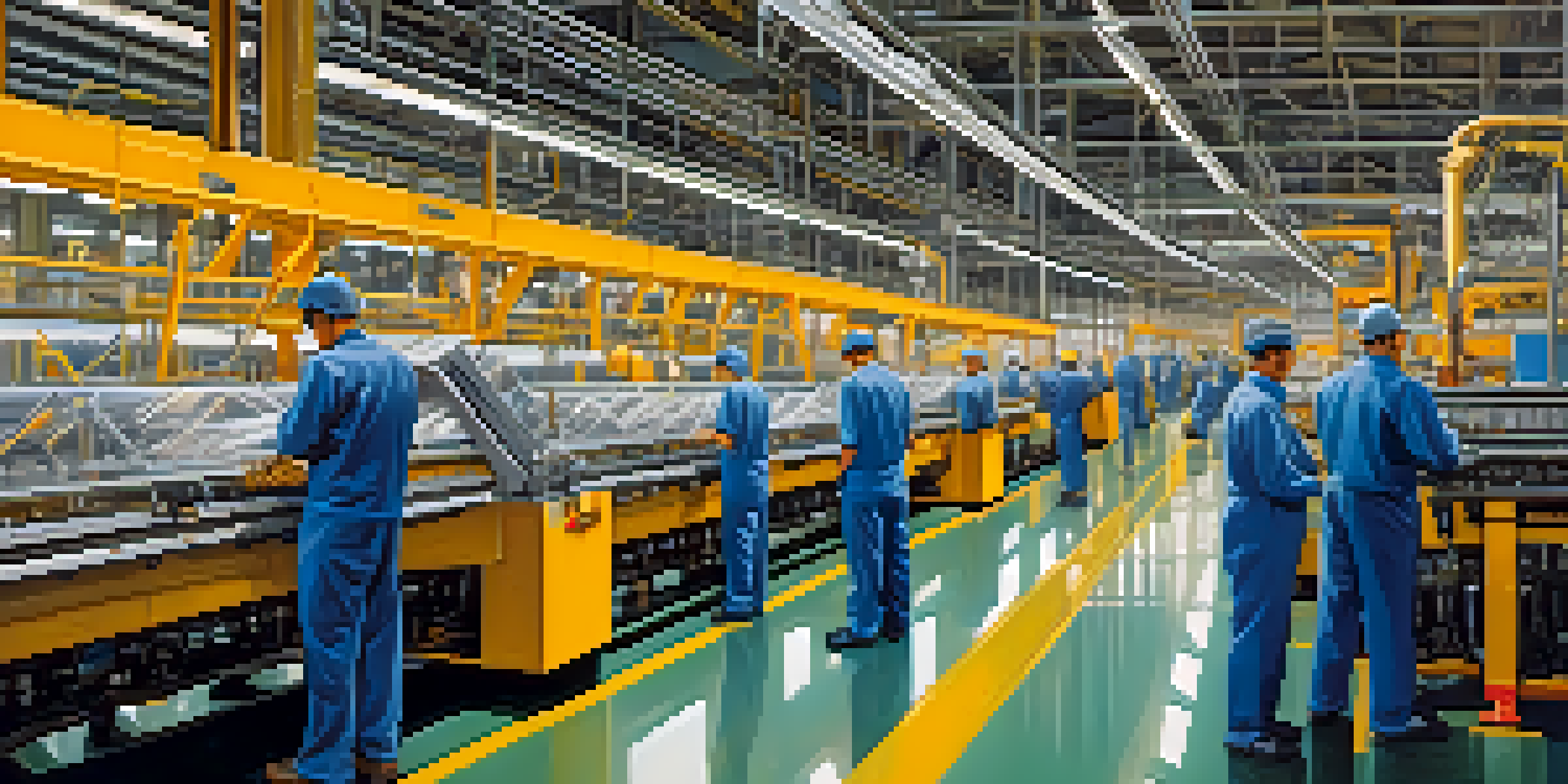 A busy factory floor with workers and machinery under natural lighting.