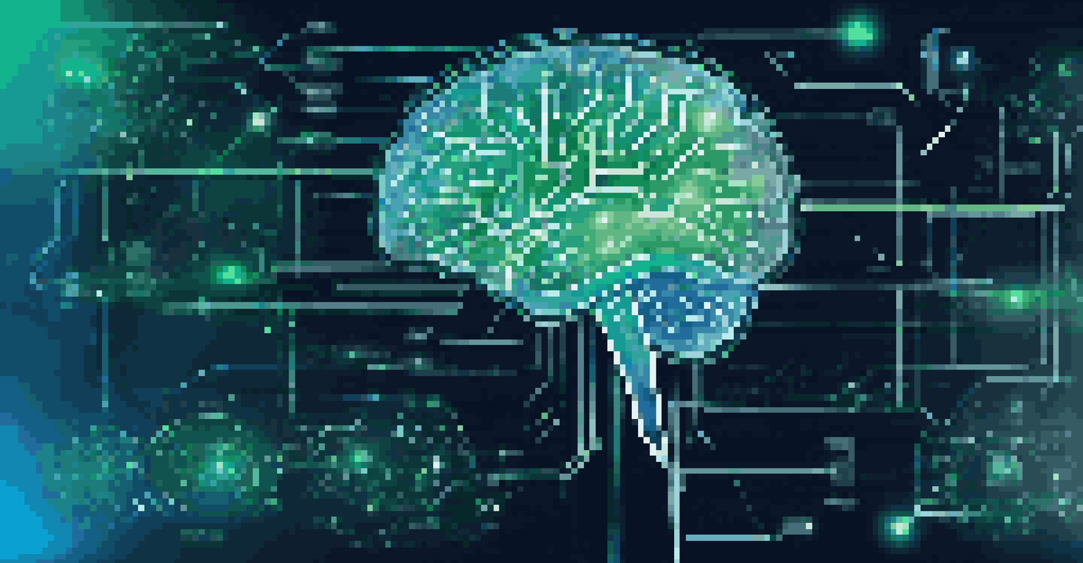 A digital brain made of circuits and nodes, surrounded by floating words, illustrating natural language processing.