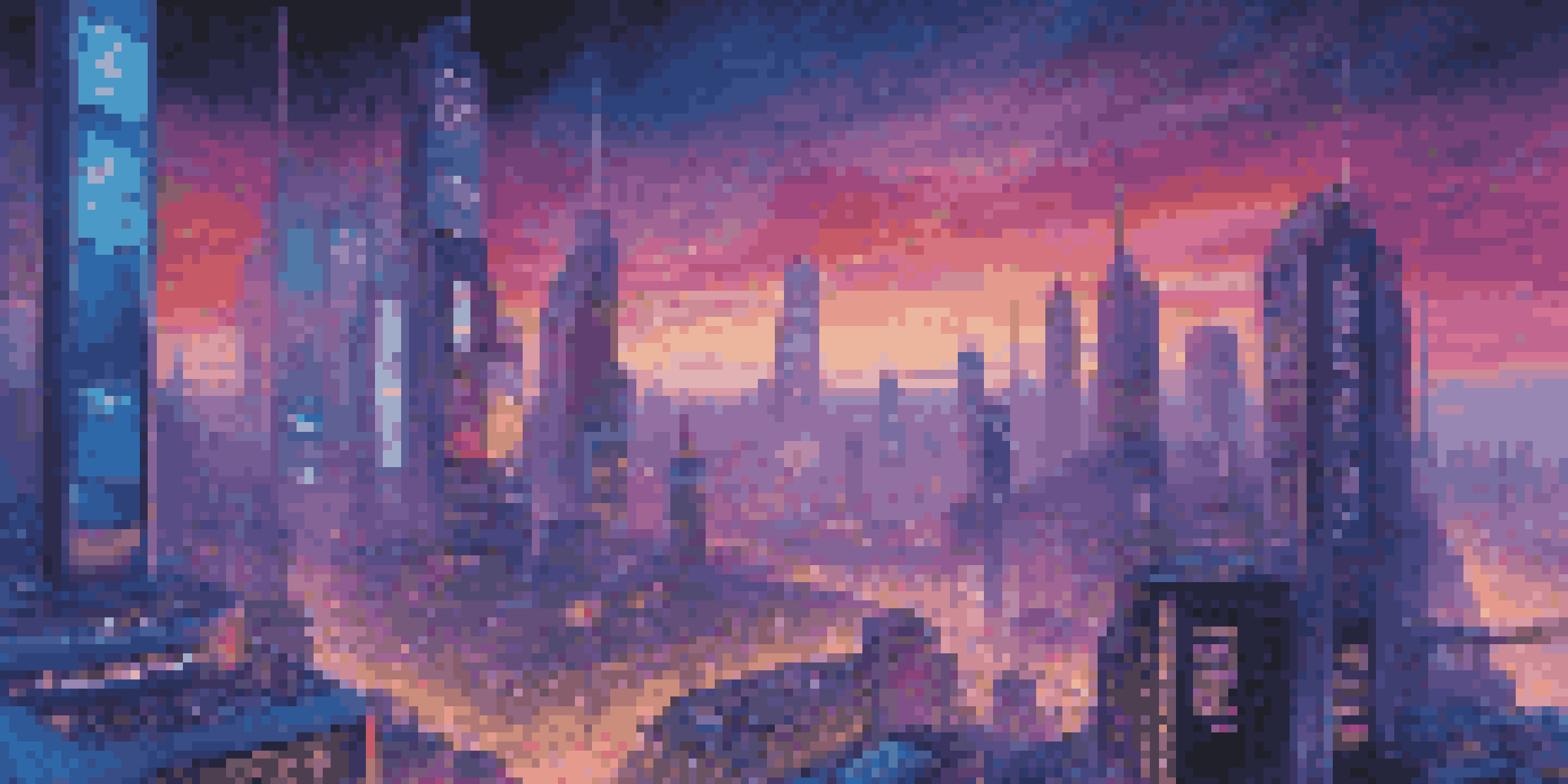A futuristic city with tall buildings and colorful neon lights at dusk, featuring flying vehicles and a gradient sky.