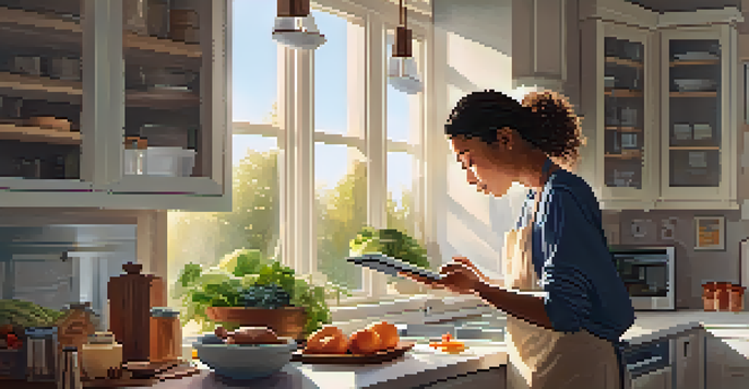 A person cooking in a warm and bright kitchen, using a voice assistant device on the counter with ingredients scattered around.