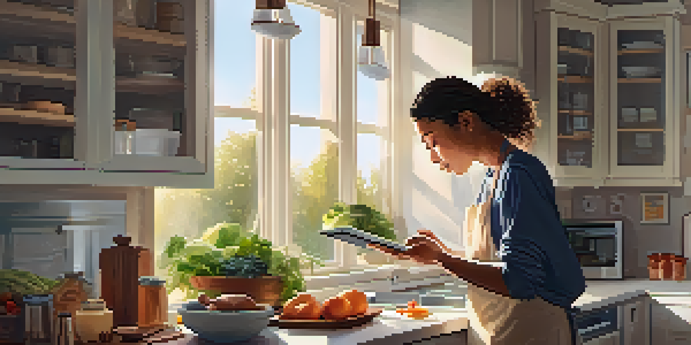 A person cooking in a warm and bright kitchen, using a voice assistant device on the counter with ingredients scattered around.