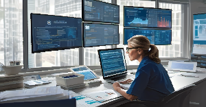 A healthcare professional analyzing medical records on digital screens in a bright office setting, using a tablet to summarize information.