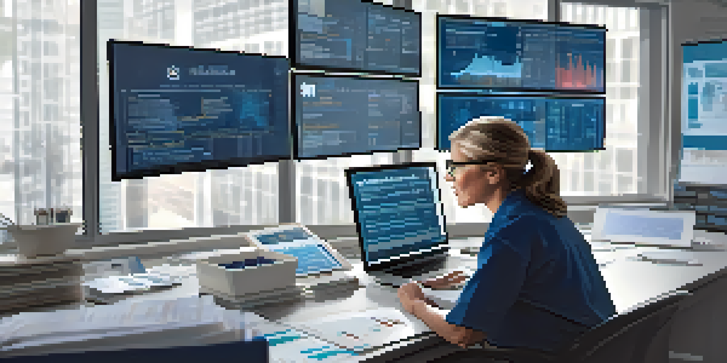 A healthcare professional analyzing medical records on digital screens in a bright office setting, using a tablet to summarize information.