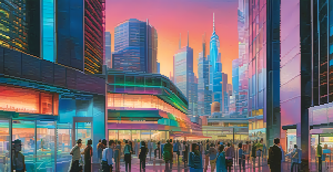 A futuristic city with tall skyscrapers lit up in neon colors, featuring people using biometric scanners at building entrances.