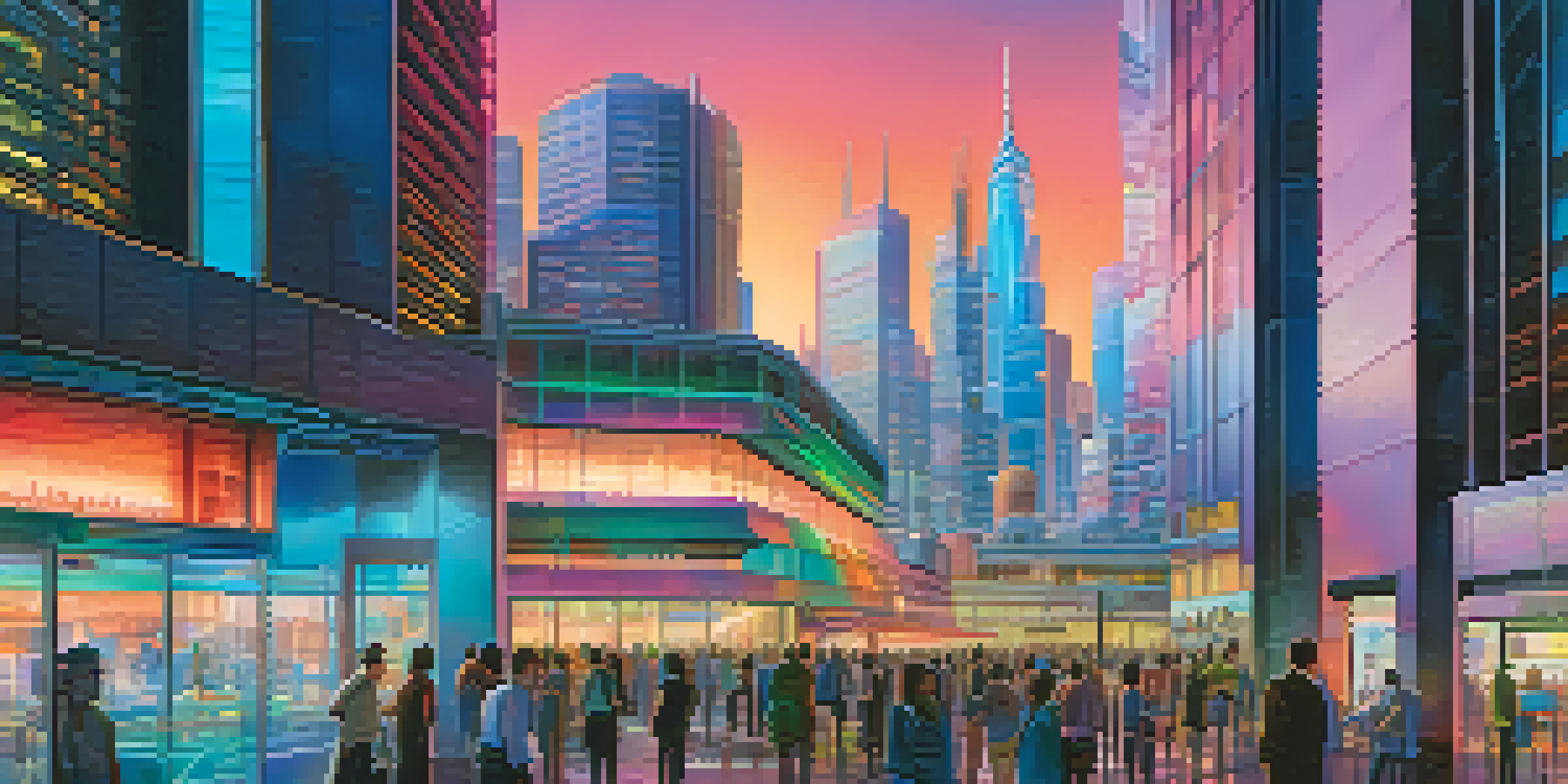 A futuristic city with tall skyscrapers lit up in neon colors, featuring people using biometric scanners at building entrances.