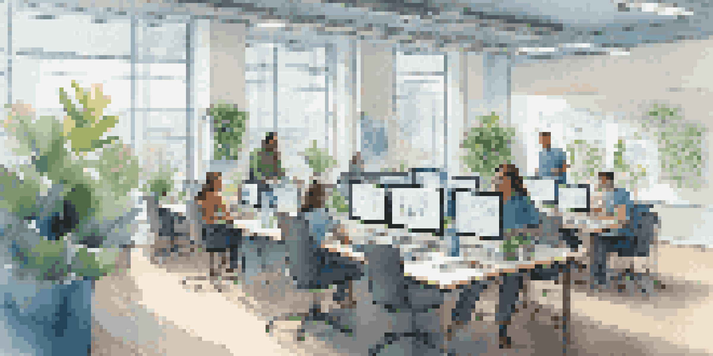 A bright office environment where employees are working together at a large table, surrounded by plants and a whiteboard filled with ideas.