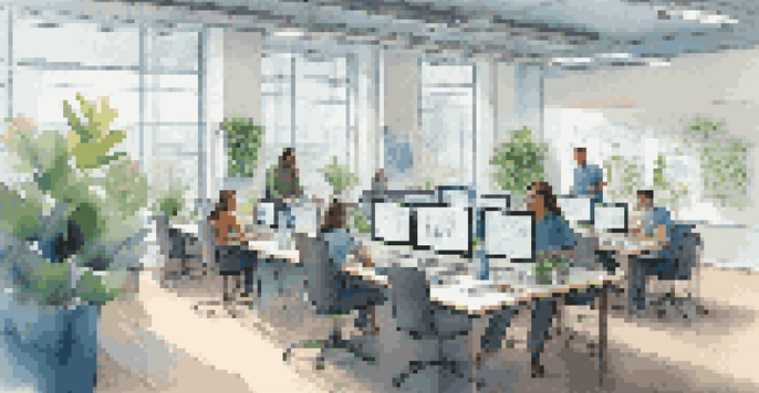 A bright office environment where employees are working together at a large table, surrounded by plants and a whiteboard filled with ideas.