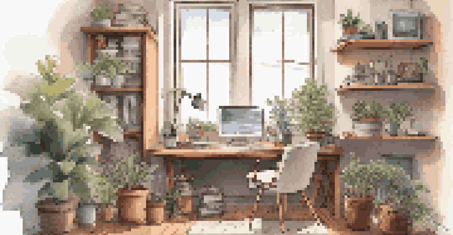 A cozy home office with a wooden desk filled with design tools and a computer showing a user scenario wireframe, bathed in soft natural light.