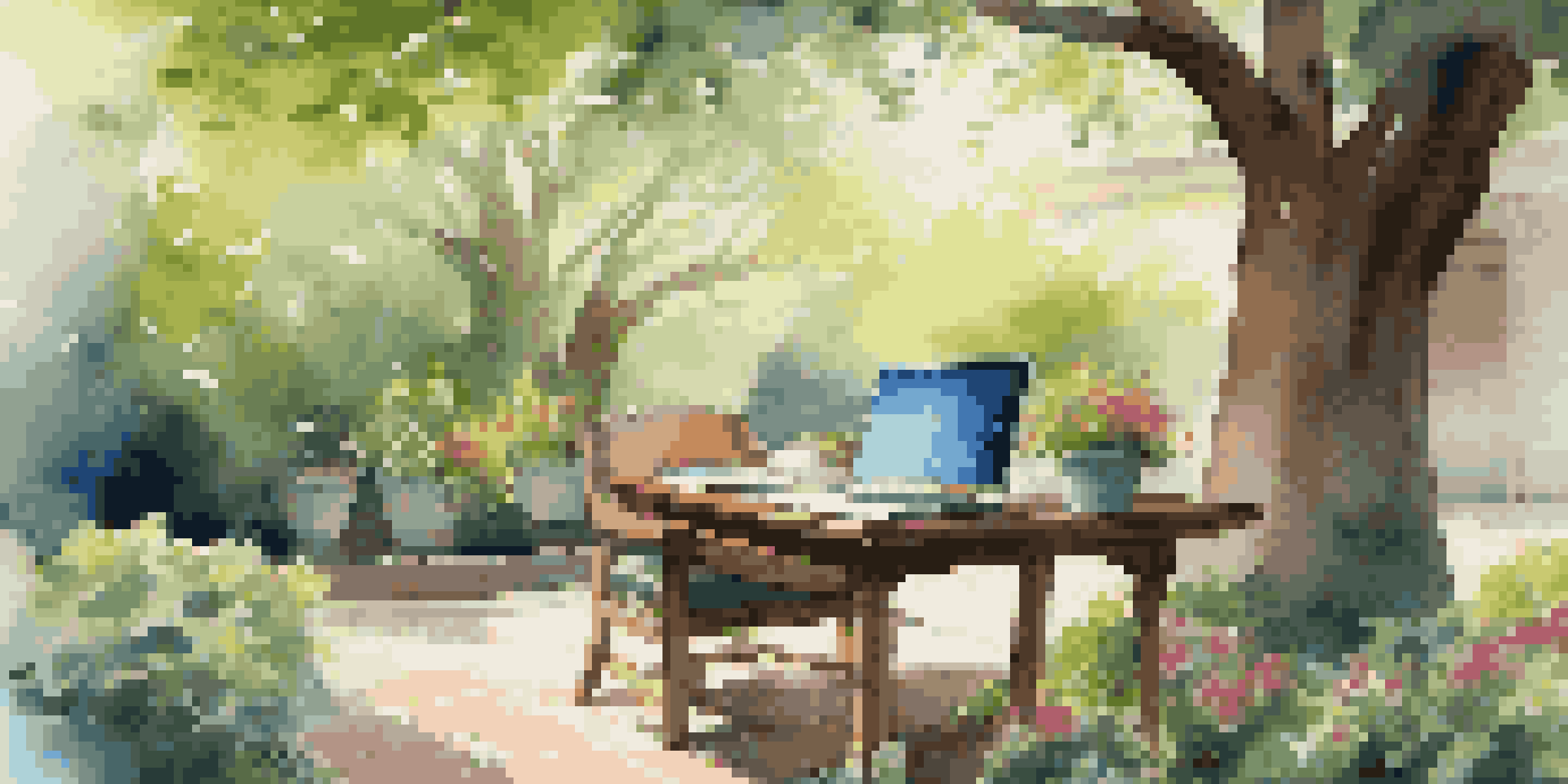 An outdoor workspace with a wooden desk, laptop, notebooks, and coffee surrounded by a lush garden.