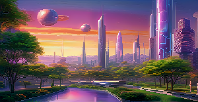 A futuristic city blending nature and technology, with modern buildings surrounded by greenery and holographic displays in a sunset sky.