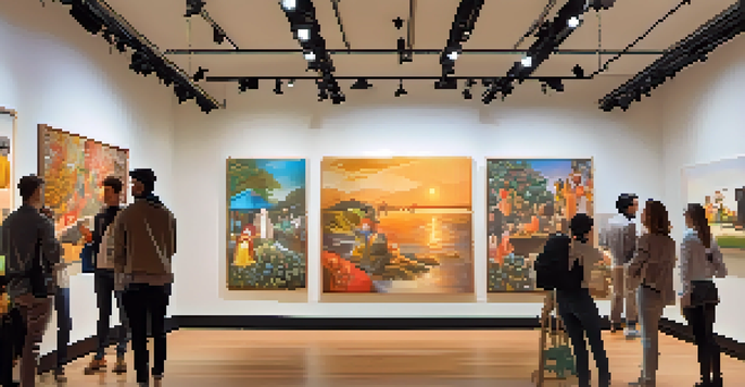 A lively art gallery where diverse viewers interact with an animated mural using augmented reality devices.