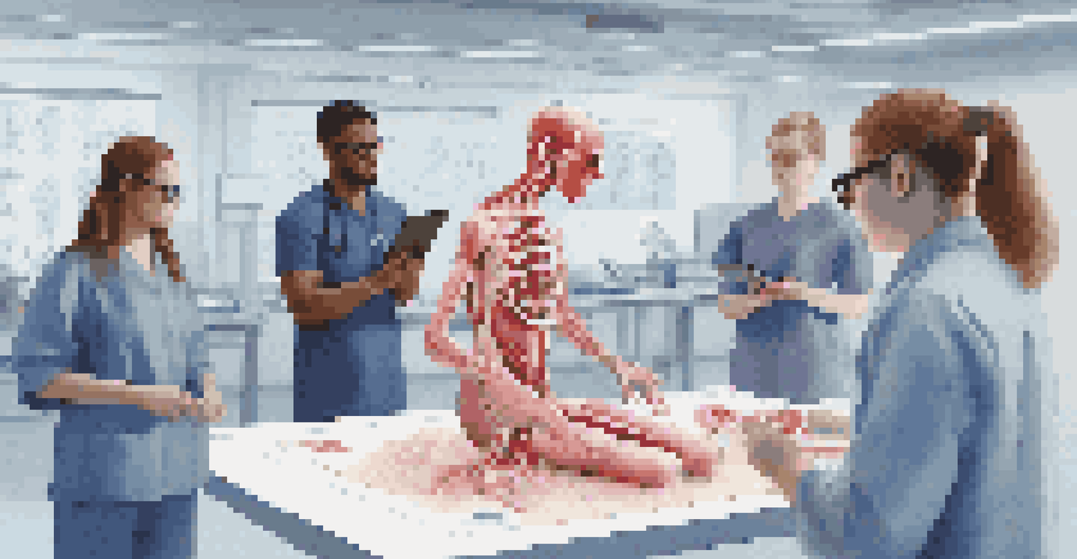 Medical students in a bright training room using AR glasses to study a 3D model of human anatomy, showcasing an interactive learning process.