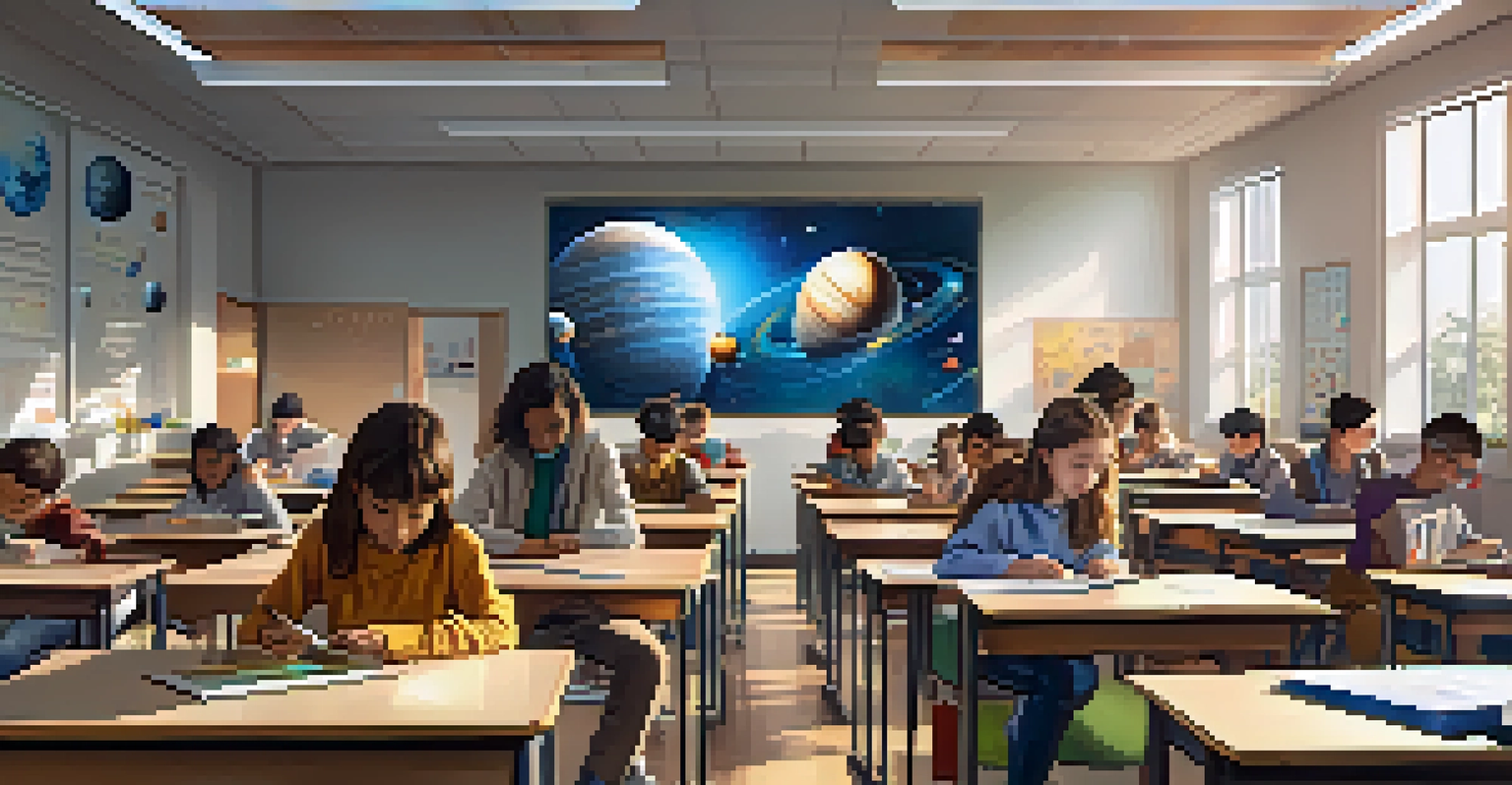 Students in a classroom using augmented reality to learn about the solar system, with 3D holograms and a bright, engaging atmosphere.