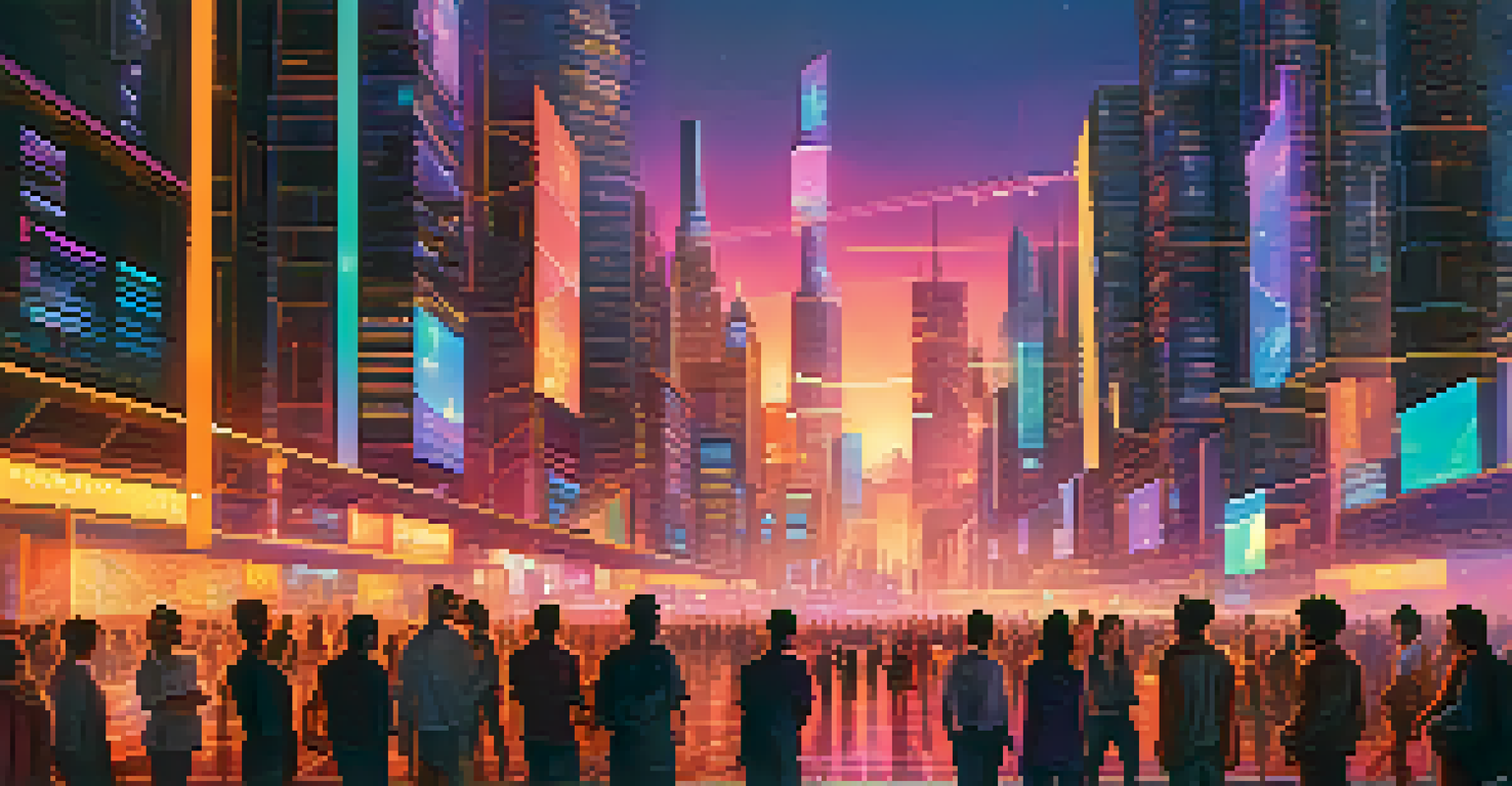 A futuristic cityscape symbolizing Blockchain technology with glowing locks and people using digital content.