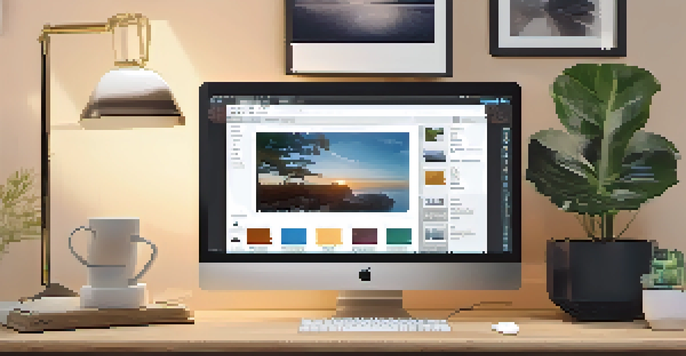 A digital workspace with a computer monitor displaying a user-friendly Digital Asset Management system, illuminated by soft natural light.