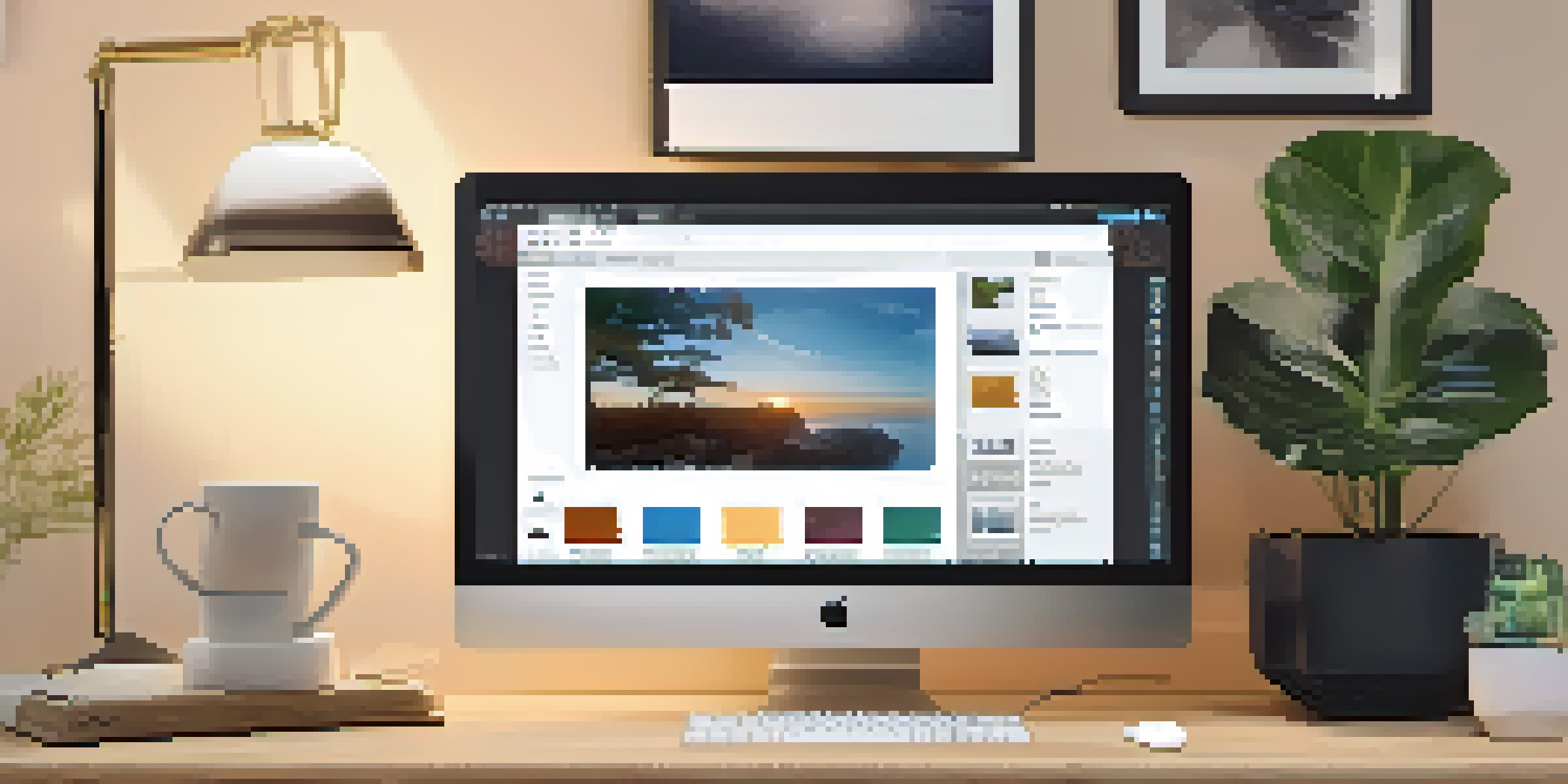 A digital workspace with a computer monitor displaying a user-friendly Digital Asset Management system, illuminated by soft natural light.