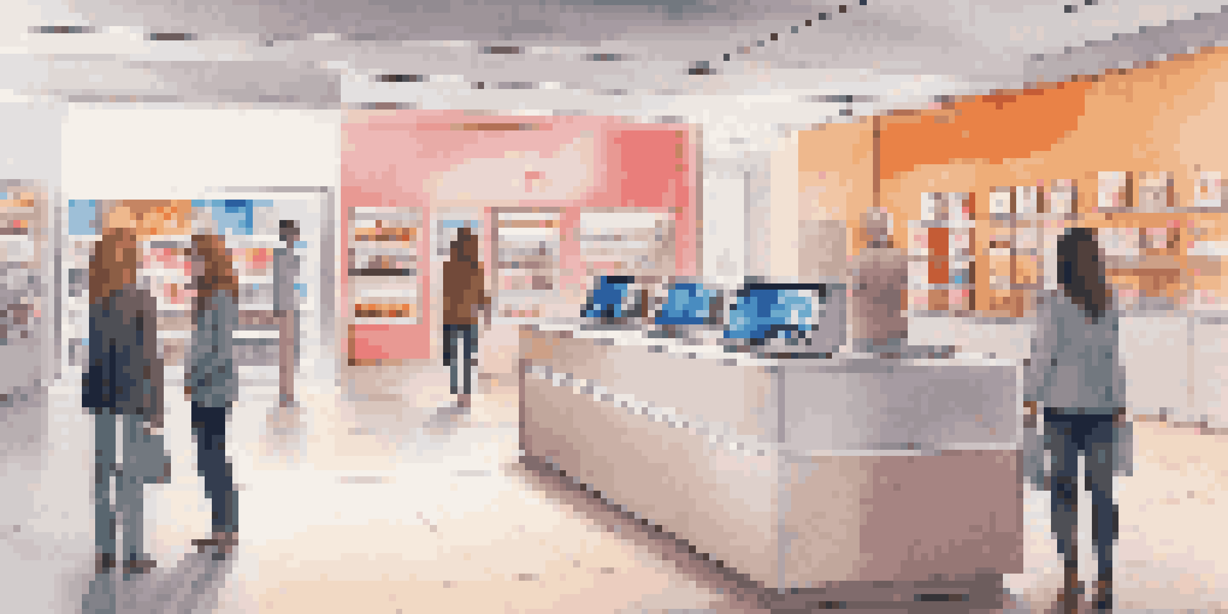 A customer using a biometric payment system in a modern retail store with product displays and soft lighting.