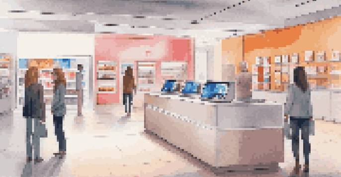 A customer using a biometric payment system in a modern retail store with product displays and soft lighting.
